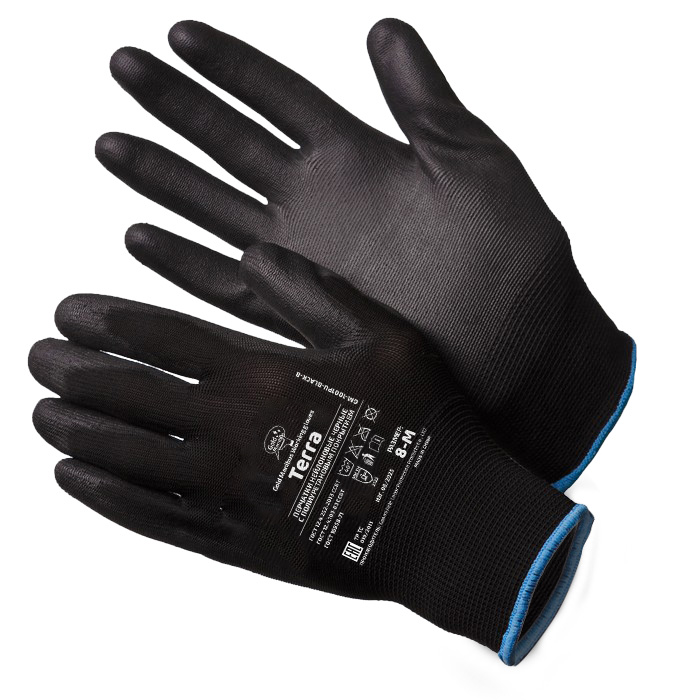 Перчатки нейлоновые GM1001PU-black-8, черные, размер M, с полиуретановым покрытием, модель 8 TERRA